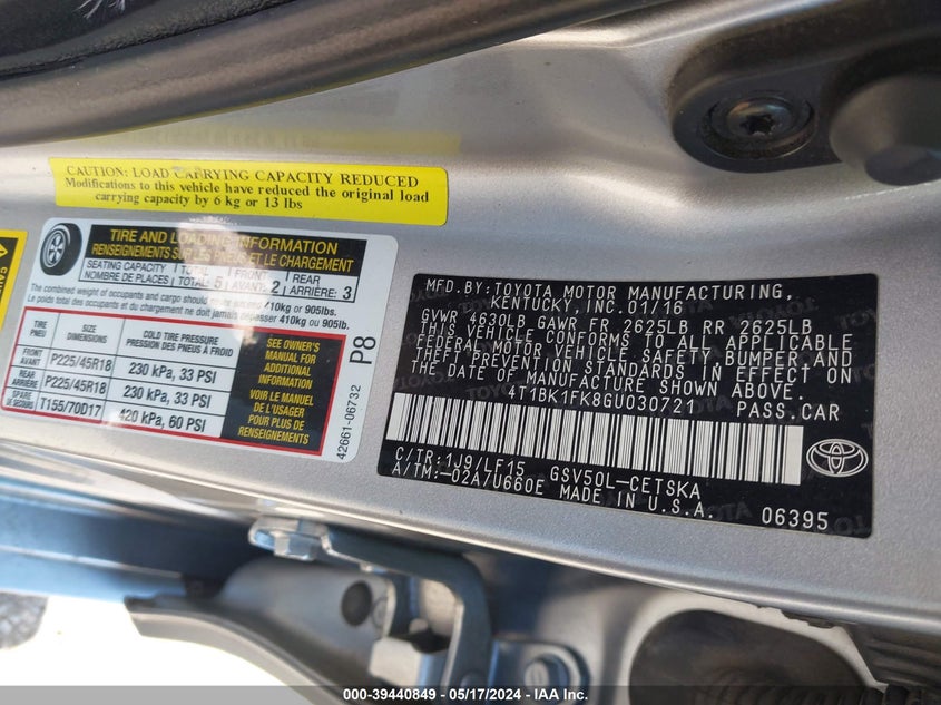 2016 Toyota Camry Xse V6 VIN: 4T1BK1FK8GU030721 Lot: 39440849