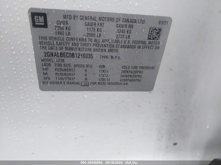 2011 Chevrolet Equinox Ls VIN: 2GNALBEC0B1216035 Lot: 39440854