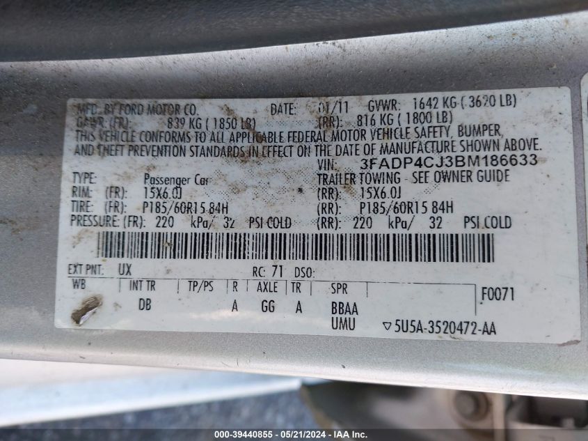 2011 Ford Fiesta Sel VIN: 3FADP4CJ3BM186633 Lot: 39440855