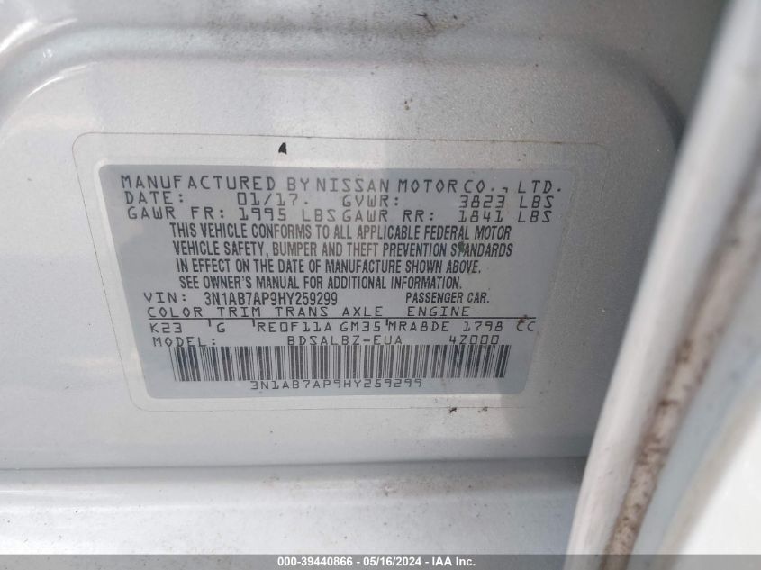 2017 Nissan Sentra S VIN: 3N1AB7AP9HY259299 Lot: 39440866