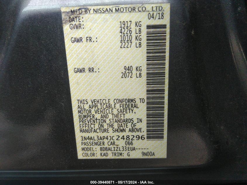 2018 Nissan Altima 2.5 Sv VIN: 1N4AL3AP4JC248296 Lot: 39440871