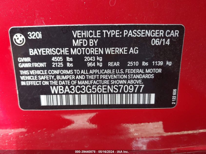2014 BMW 320I xDrive VIN: WBA3C3G56ENS70977 Lot: 39440878