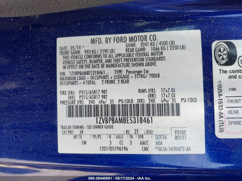 2014 Ford Mustang V6 VIN: 1ZVBP8AM8E5318461 Lot: 39440891