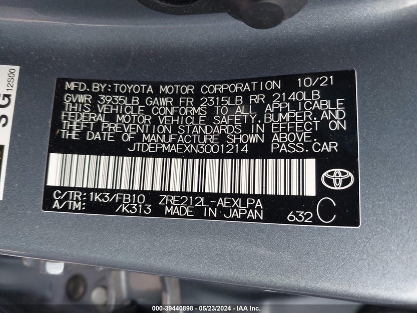 2022 TOYOTA COROLLA(VIN: JTDEPMAEXN3001214