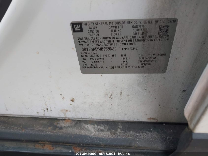 2011 Cadillac Srx Luxury Collection VIN: 3GYFNAEY4BS536469 Lot: 39440903