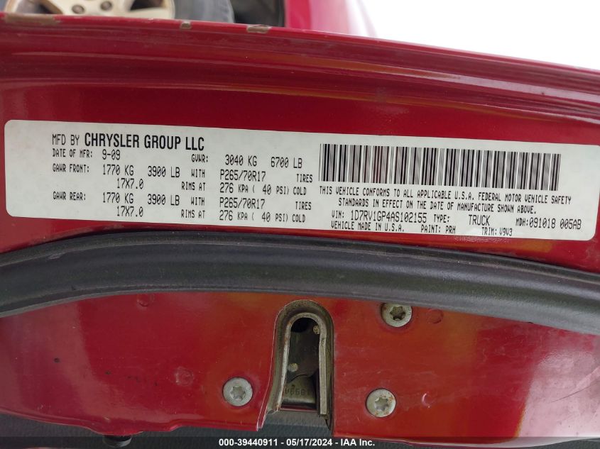 2010 Dodge Ram 1500 Slt/Sport/Trx VIN: 1D7RV1GP4AS102155 Lot: 39440911