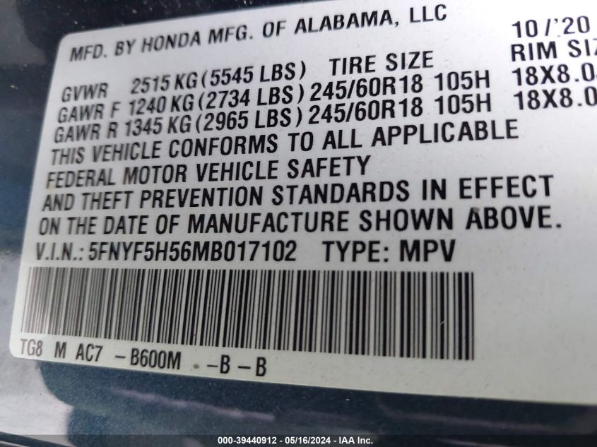 2021 Honda Pilot 2Wd Ex-L VIN: 5FNYF5H56MB017102 Lot: 39440912