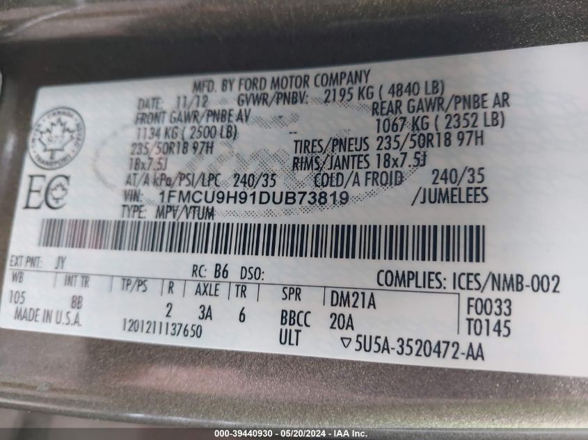 2013 Ford Escape Sel VIN: 1FMCU9H91DUB73819 Lot: 39440930