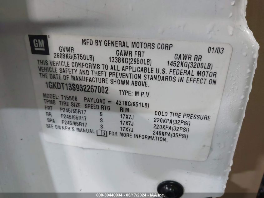 2003 GMC Envoy Slt VIN: 1GKDT13S932267002 Lot: 39440934