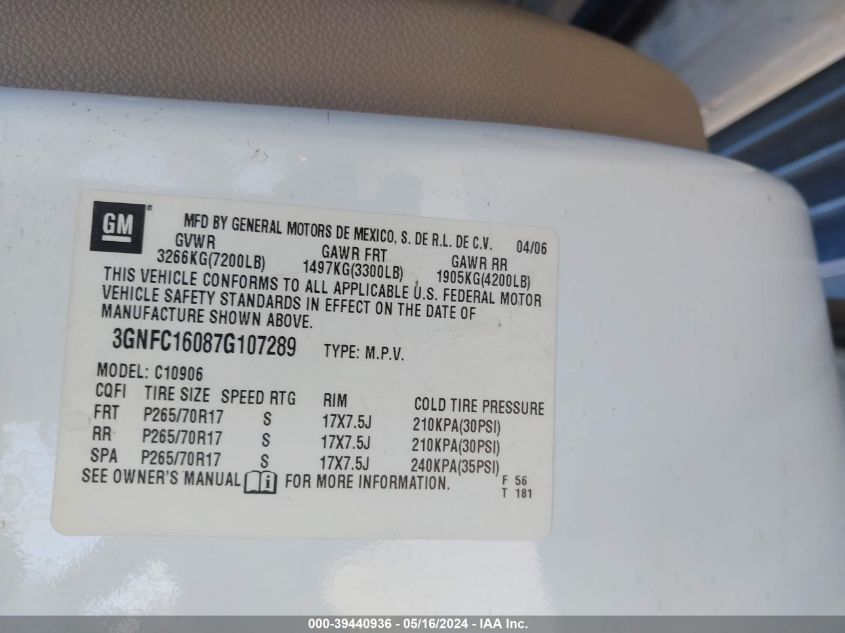 2007 Chevrolet Suburban 1500 Ls VIN: 3GNFC16087G107289 Lot: 39440936