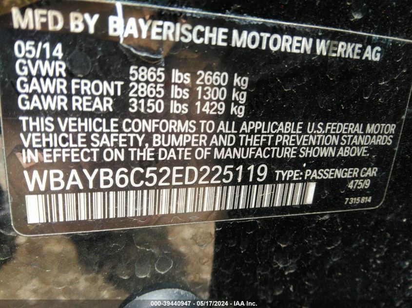 2014 BMW 750I xDrive VIN: WBAYB6C52ED225119 Lot: 39440947