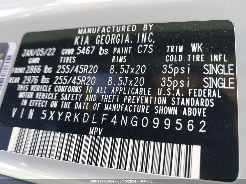VIN 5XYRKDLF4NG099562 2022 KIA SORENTO SX