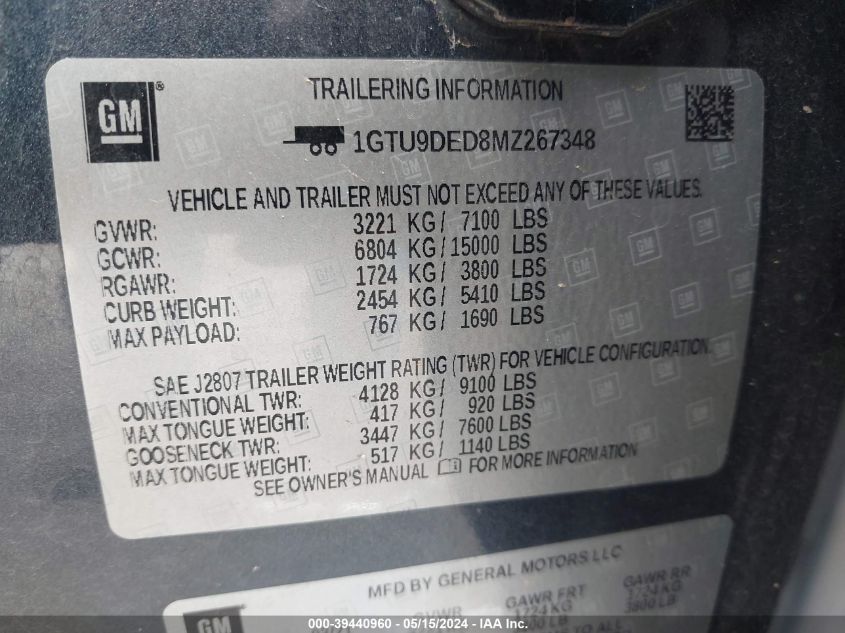 2021 GMC Sierra 1500 4Wd Short Box Slt VIN: 1GTU9DED8MZ267348 Lot: 39440960