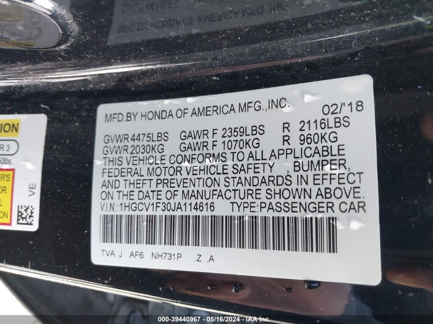 2018 Honda Accord Sport VIN: 1HGCV1F30JA114616 Lot: 39440967
