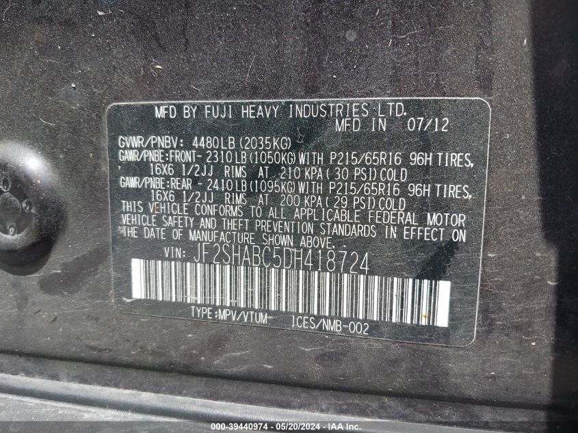 2013 Subaru Forester 2.5X VIN: JF2SHABC5DH418724 Lot: 39440974