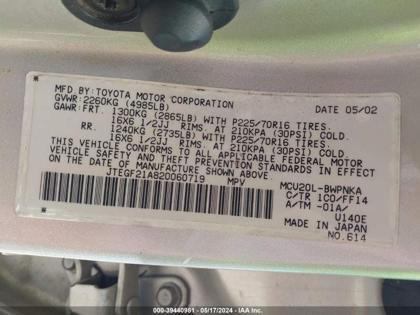 2002 Toyota Highlander Limited V6 VIN: JTEGF21A820060719 Lot: 39440981