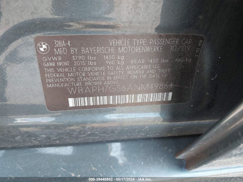 2010 BMW 328I VIN: WBAPH7G56ANM49864 Lot: 39440982