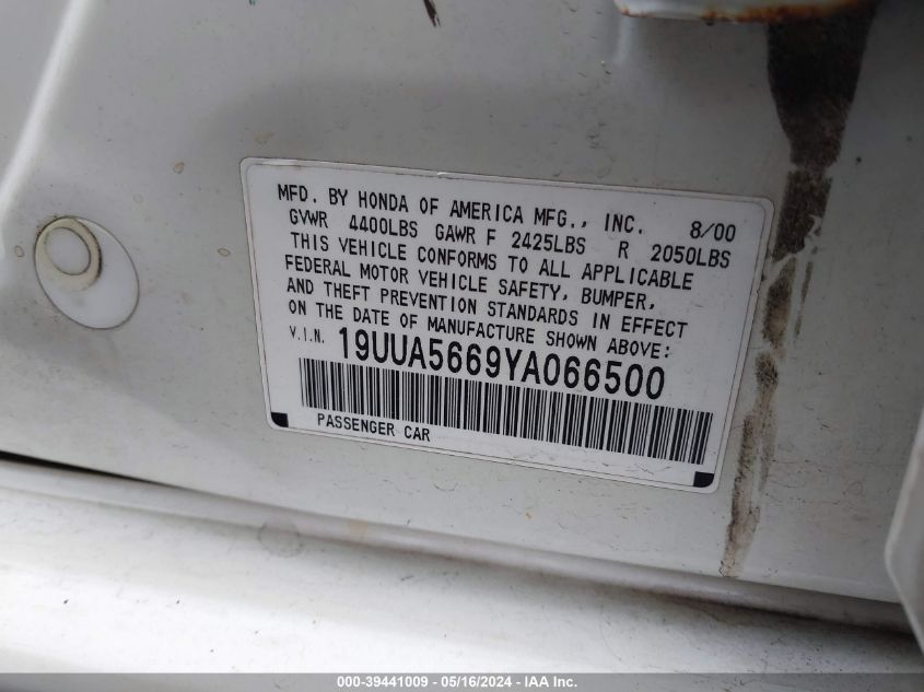 2000 Acura Tl 3.2 VIN: 19UUA5669YA066500 Lot: 39441009