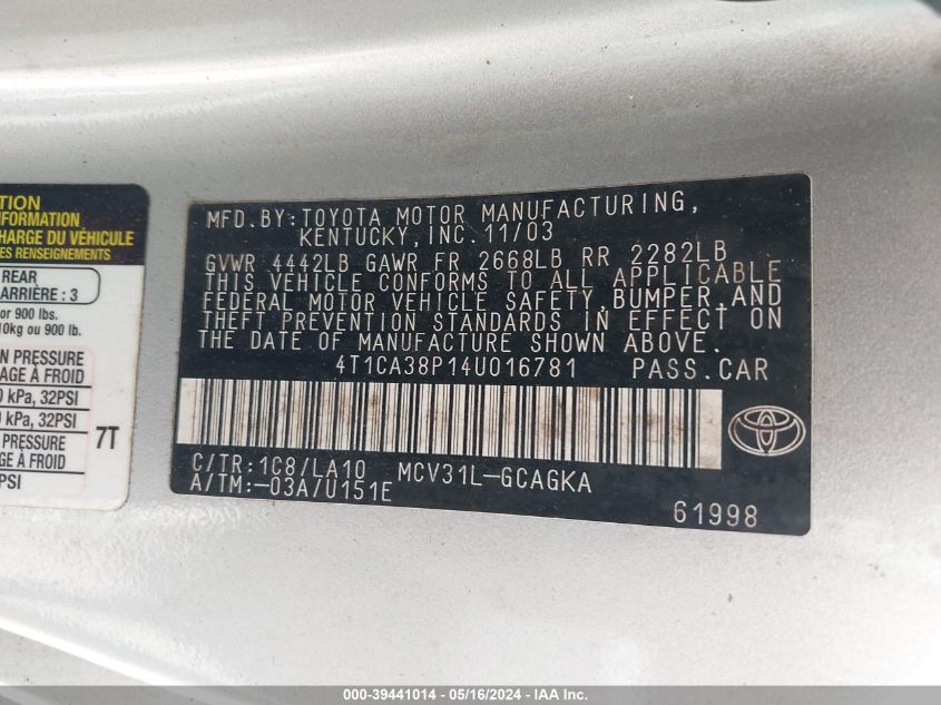 2004 Toyota Camry Solara Sle V6 VIN: 4T1CA38P14U016781 Lot: 39441014