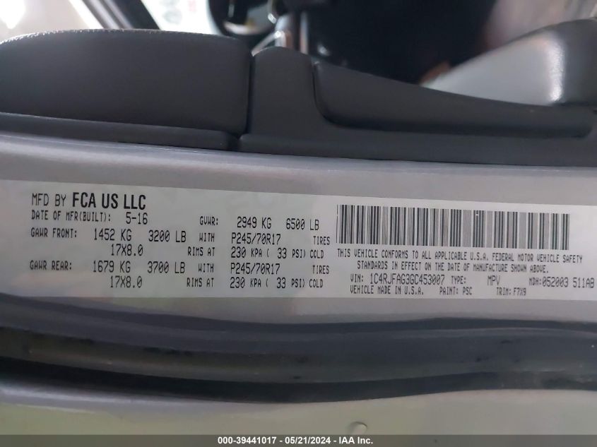 2016 Jeep Grand Cherokee Laredo VIN: 1C4RJFAG3GC453007 Lot: 39441017