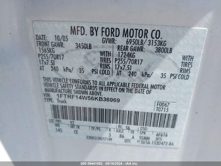 2006 Ford F-150 Stx/Xl/Xlt VIN: 1FTRF14W56KB36969 Lot: 39441052