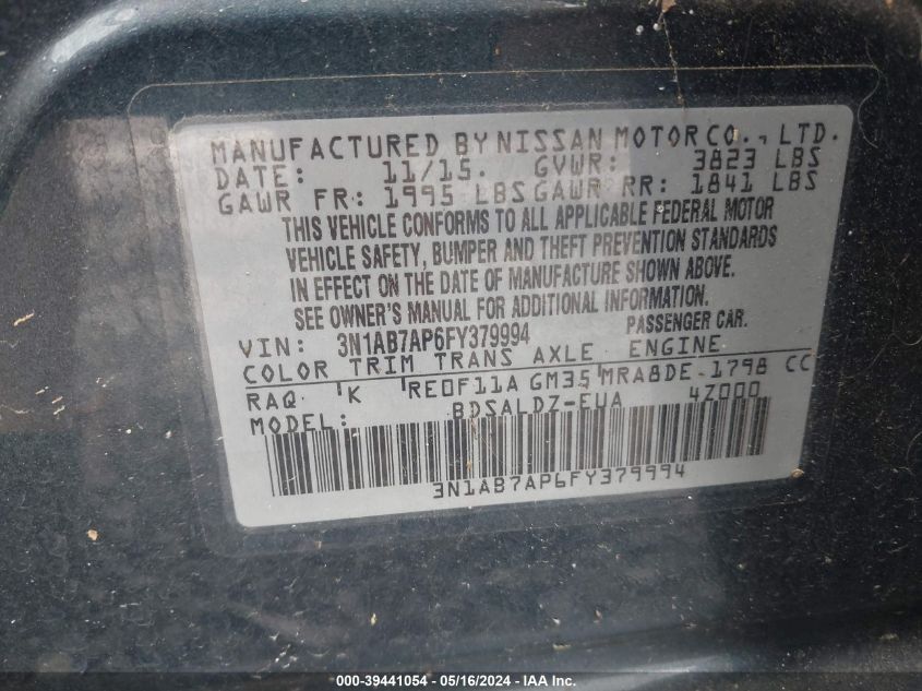 2015 Nissan Sentra Sv VIN: 3N1AB7AP6FY379994 Lot: 39441054