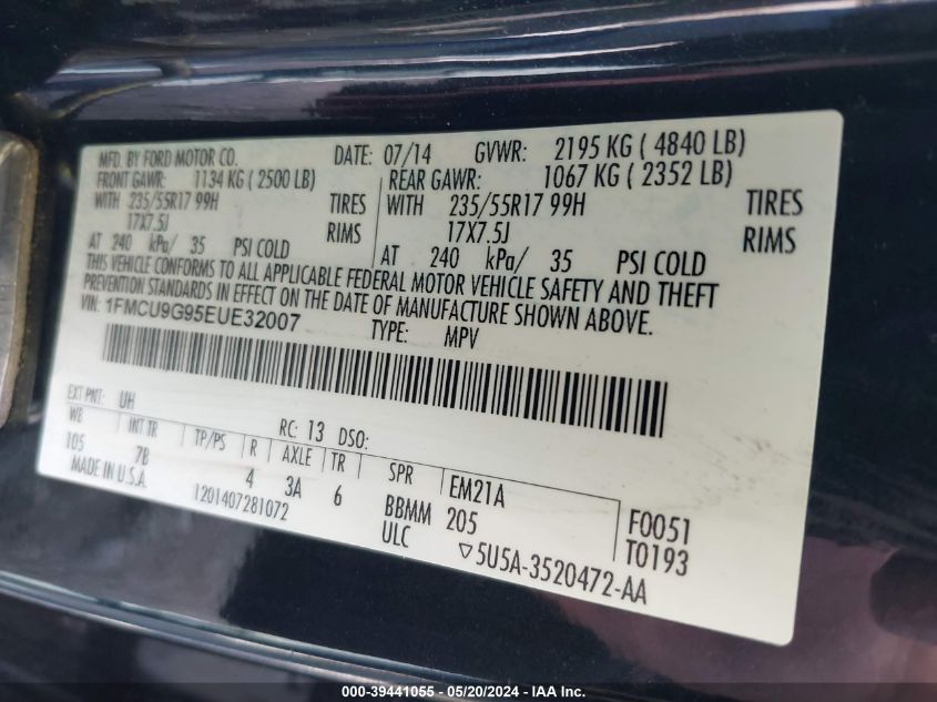 2014 Ford Escape Se VIN: 1FMCU9G95EUE32007 Lot: 39441055