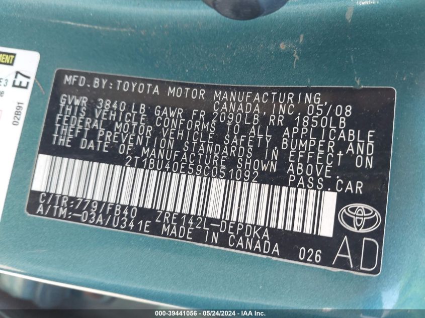 2009 Toyota Corolla S/Le/Xle VIN: 2T1BU40E59C051092 Lot: 39441056