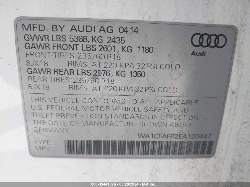 2014 Audi Q5 2.0T Premium VIN: WA1CFAFP2EA120447 Lot: 39441076