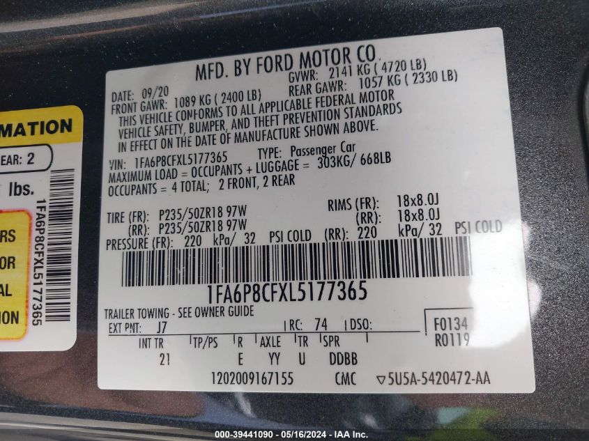 2020 Ford Mustang Gt Fastback VIN: 1FA6P8CFXL5177365 Lot: 39441090