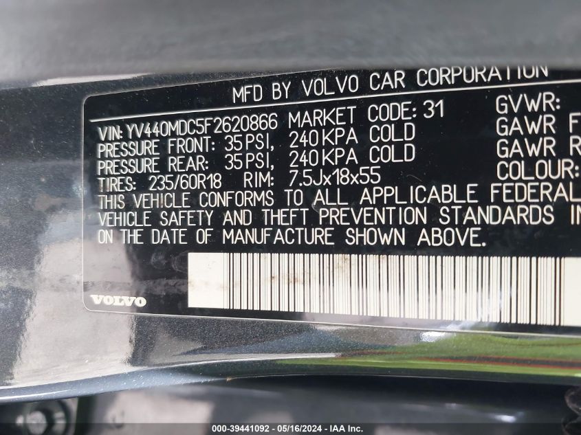 2015 Volvo Xc60 T5 Premier Plus VIN: YV440MDC5F2620866 Lot: 39441092