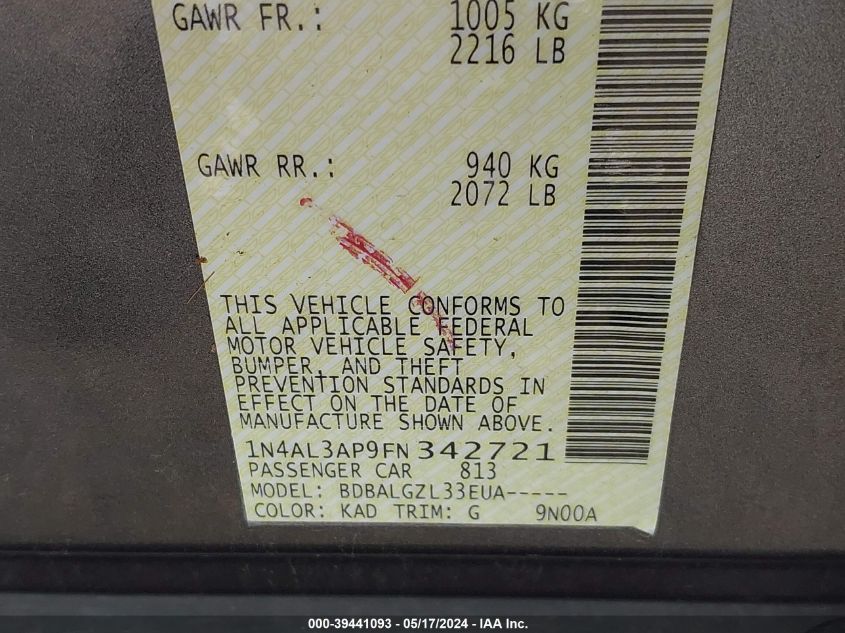 2015 Nissan Altima 2.5/2.5 S/2.5 Sl/2.5 Sv VIN: 1N4AL3AP9FN342721 Lot: 39441093