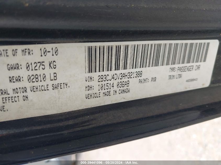 2010 Dodge Challenger Se VIN: 2B3CJ4DV3AH321388 Lot: 39441096