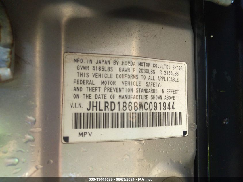 1998 Honda Cr-V Ex VIN: JHLRD1868WC091944 Lot: 39441099
