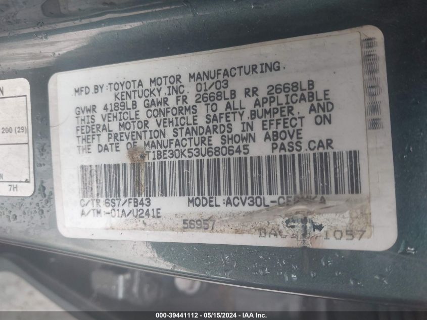 2003 Toyota Camry Le VIN: 4T1BE30K53U680645 Lot: 39441112