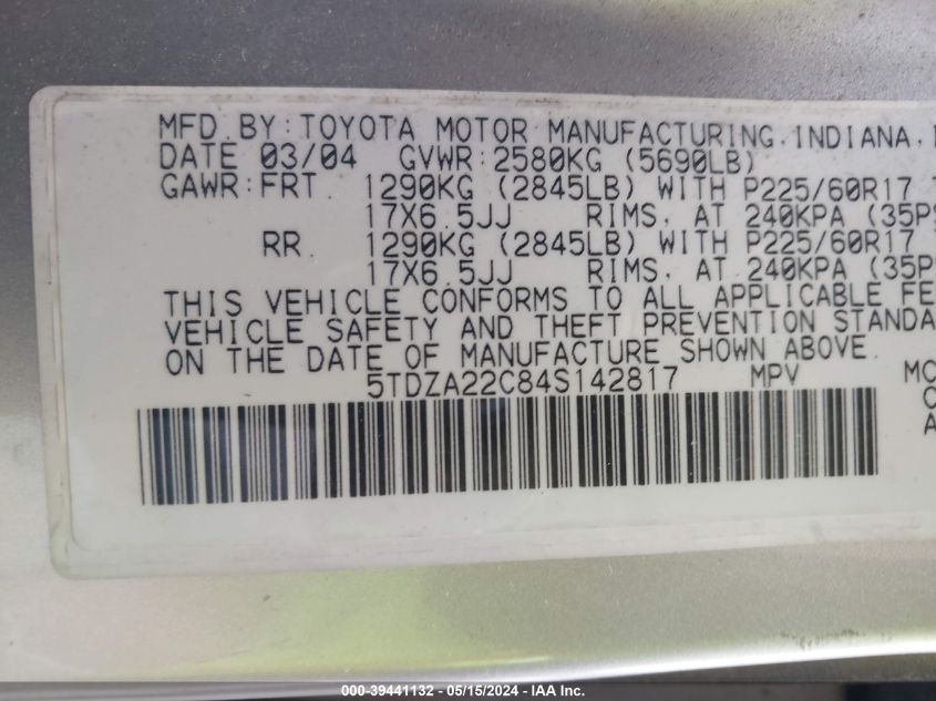 2004 Toyota Sienna Xle VIN: 5TDZA22C84S142817 Lot: 39441132