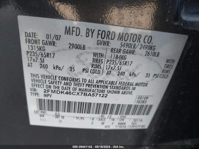 2007 Ford Edge Se VIN: 2FMDK46CX7BA57122 Lot: 39441142
