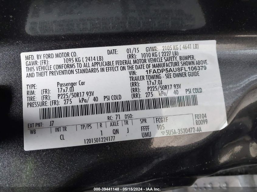 2015 Ford C-Max Hybrid Se VIN: 1FADP5AU8FL106379 Lot: 39441148