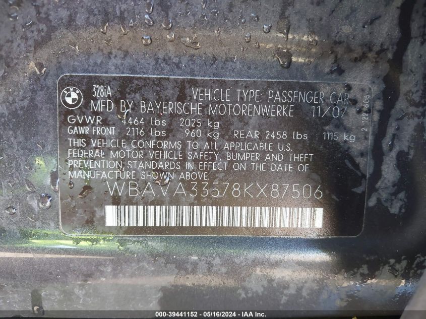 2008 BMW 328I VIN: WBAVA33578KX87506 Lot: 39441152