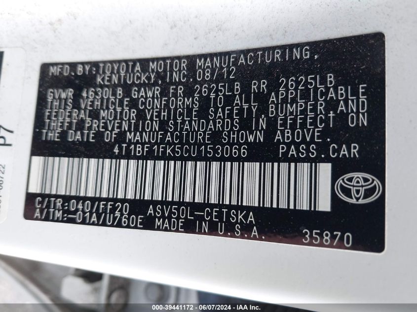 2012 Toyota Camry Se VIN: 4T1BF1FK5CU153066 Lot: 39441172
