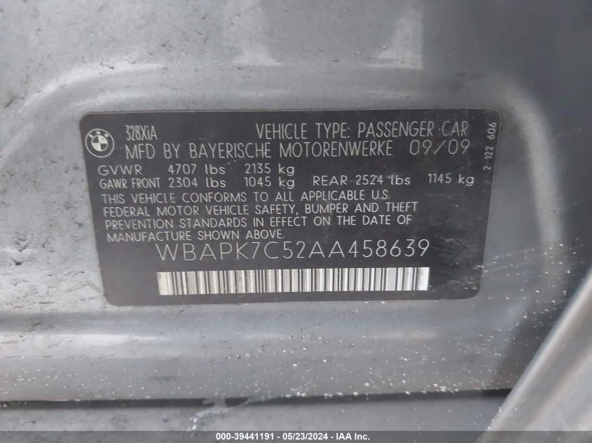 2010 BMW 328I xDrive VIN: WBAPK7C52AA458639 Lot: 39441191