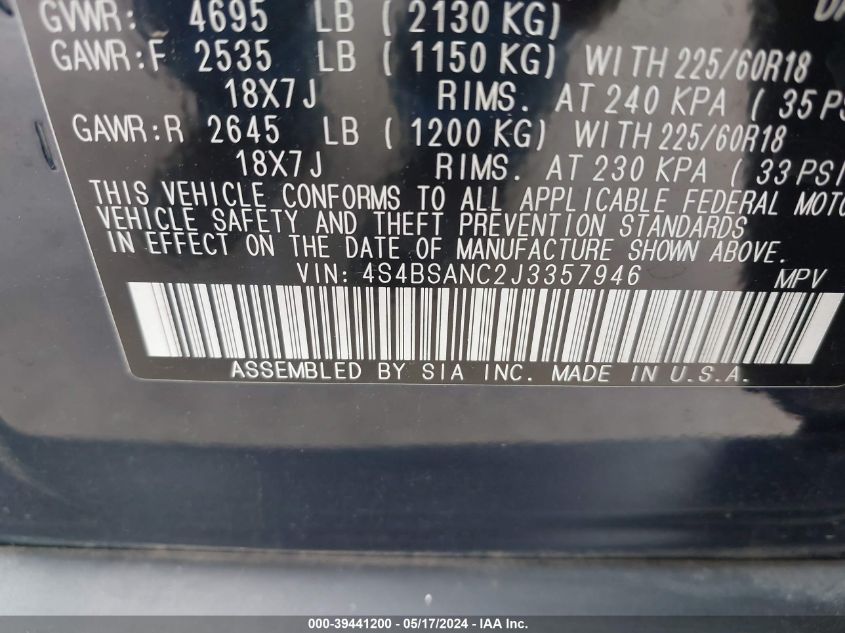 2018 Subaru Outback 2.5I Limited VIN: 4S4BSANC2J3357946 Lot: 39441200