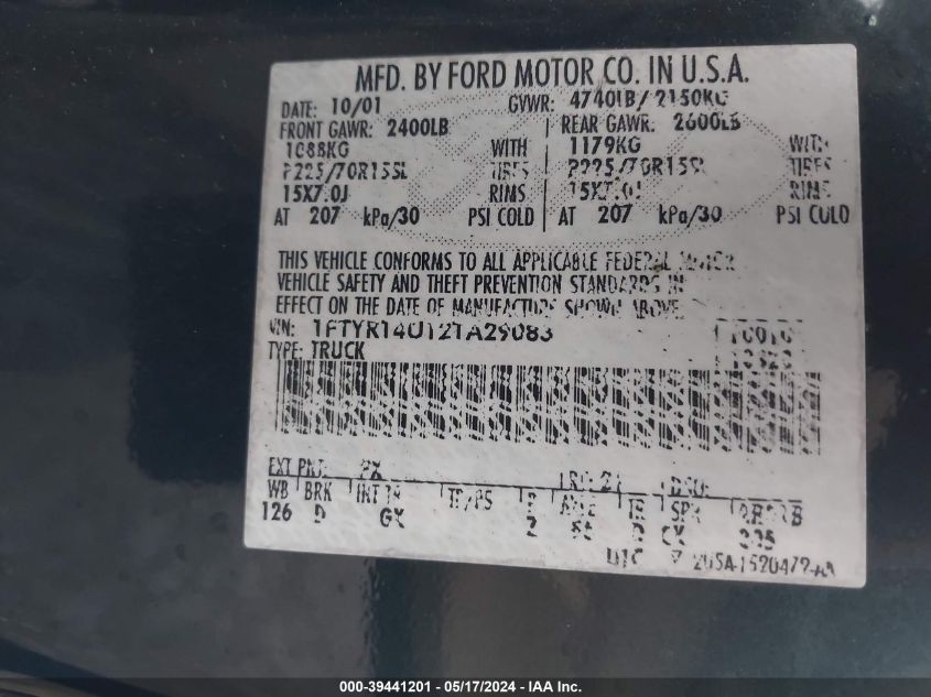 2002 Ford Ranger Edge/Tremor/Xl/Xlt VIN: 1FTYR14U12TA29083 Lot: 39441201