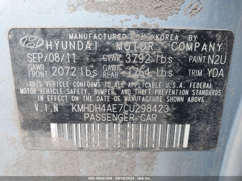 2012 Hyundai Elantra Gls (Ulsan Plant) VIN: KMHDH4AE7CU298423 Lot: 39441204