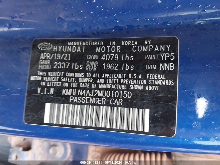 VIN KMHLN4AJ2MU010150 2021 HYUNDAI ELANTRA HYBRID LIMITED