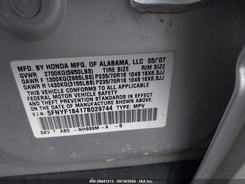 2007 Honda Pilot Ex VIN: 5FNYF18417B029744 Lot: 39441213