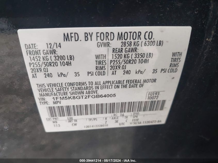 2015 Ford Explorer Sport VIN: 1FM5K8GT2FGB64005 Lot: 39441214