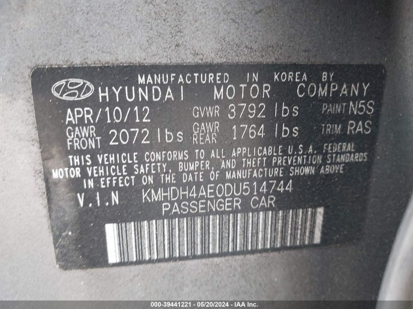 2013 Hyundai Elantra Limited VIN: KMHDH4AE0DU514744 Lot: 39441221