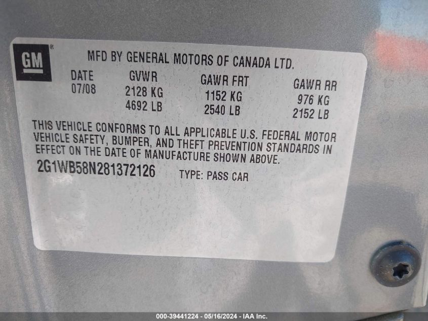 2008 Chevrolet Impala Ls VIN: 2G1WB58N281372126 Lot: 39441224