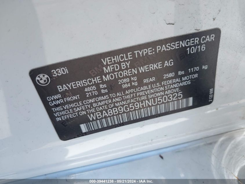 2017 BMW 330I VIN: WBA8B9G59HNU50325 Lot: 39441238